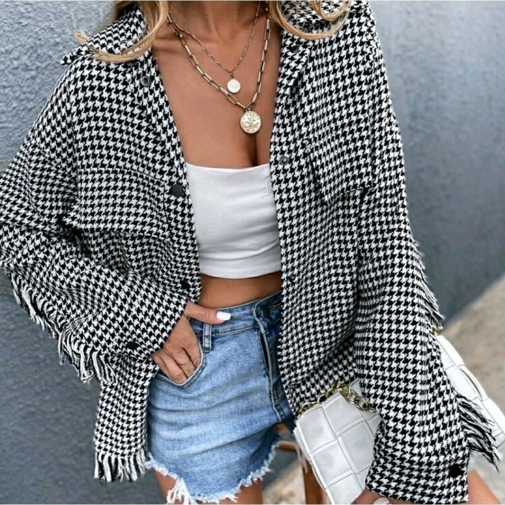 Drop Shoulder Houndstooth Fringe Trim Tweed Coat